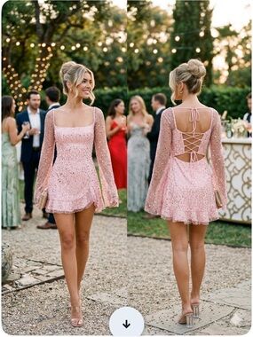 Sequin Flare Long Sleeve Dress in Pink.